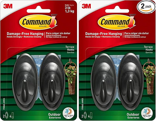 Command Hooks, Black, 3 lb Capacity | Outdoor | Water-Resistant Strips | 2-Hooks 4-Strips | Damage-Free