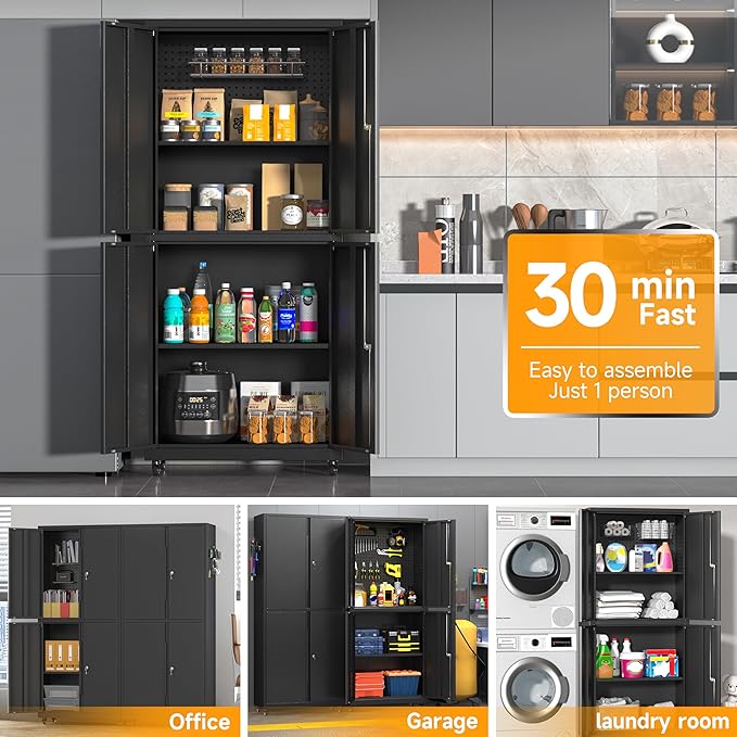 Metal Cabinet with Wheels,72.8" H Rolling Tool Storage Cabinet with Locking Doors and Adjustable Shelves,Garage Organization Cabinets,Lockable Storage Cabinet on Wheels for Garage,Warehouse (Black)