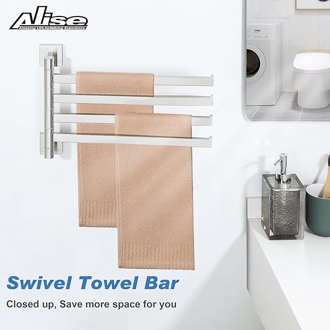 Alise Swivel Towel Rack, 4-Arm Towel Bar, Space Saving Towel Rack Wall Mount Drying Towel Holder, Swing Out Towel Holder for Bathroom Kitchen Toilet, Square SUS304 Stainless Steel, Brushed Nickel