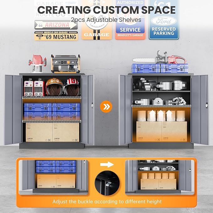 Metal Garage Storage Cabinets with Lock, 36" Tall Tool Cabinet with 2 Door and 2 Adjustable Shelves, Locking Garage Cabinets and Lockable Steel Locker for Home Office Warehouse-(Black Gray-36”H)