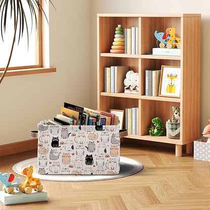Cute Cat Large Collapsible Storage Baskets for Organizing Shelves with Handles, Decorative Storage Cube Bin for Organizing Clothes Toy Nursery