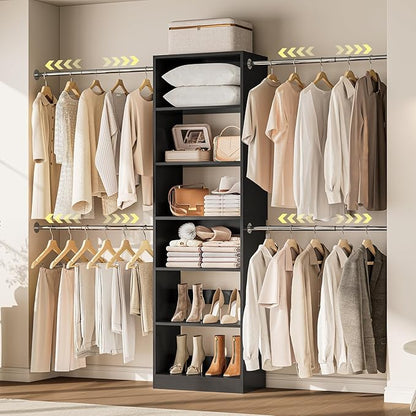 W1 Closet System, 3.5FT-7.7FT Closet Organizer System with 4 Chrome-Plated Telescopic Rods & 6 Adjustable Shelves, Custom Wood Walk-In Closet Wall-Mounted Clothing Rack, Black