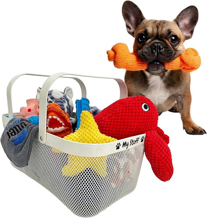 Dog Toy Basket Metal Mesh Metal, Chew Proof, 16 (L) x 9.5 (W) x 7 (H) inches White Dog Toy Bin, Sturdy Pet Toy Basket