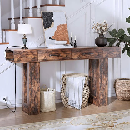 LUMISOL Farmhouse Entryway Table with 2 Drawers, Console Table with Side Power Outlet, 63-Inch Long Sofa Table for Hallway Living Room Office, Reddish Brown
