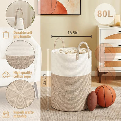 Laundry Basket,Woven Cotton Rope Laundry Hamper,80L for Decorative Storage of Dirty Clothes,Toys and Blankets in Bathroom,Baby Room and Living Room