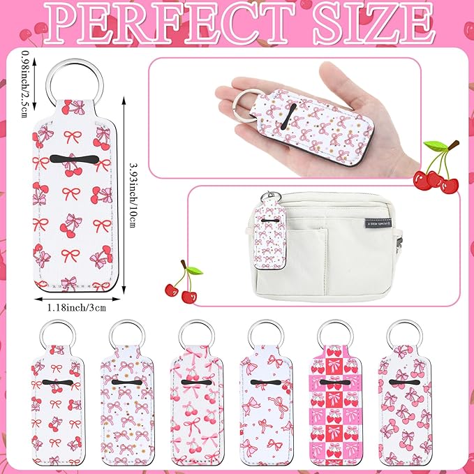12 Pcs Lipstick Holder Keychain Bulk Cute Pocket Lip Balm Holder Keychain Backpack Purse Accessories for Women Lip Gloss Sleeve Pouch, 6 Style (Cherry Bow)