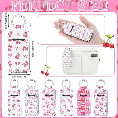 12 Pcs Lipstick Holder Keychain Bulk Cute Pocket Lip Balm Holder Keychain Backpack Purse Accessories for Women Lip Gloss Sleeve Pouch, 6 Style (Cherry Bow)