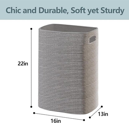 Large Laundry Hamper 16"x13"x22" - Tall Woven Laundry Basket, Cotton Rope Dirty Clothes Hamper, Baby Kids Nursery Wicker Laundry Basket, Bedroom Aesthetic, Soft Laundry Bin, Gray Hamper, 75L