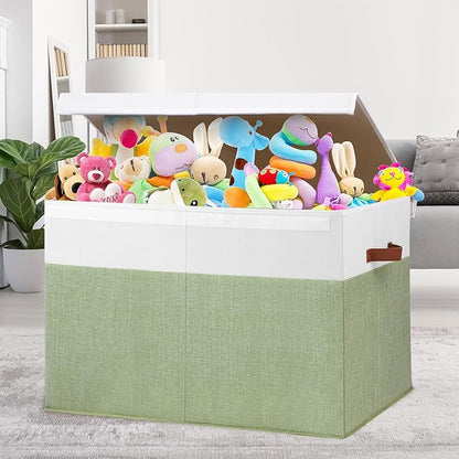 Large Toy Storage Box with Lid, Sturdy Toys Storage Chest Bin Organizer Basket with Dividers for Kids, Boys, Girls, Nursery, Closet, Bedroom, Playroom 26"x17" x17" (Green and White)