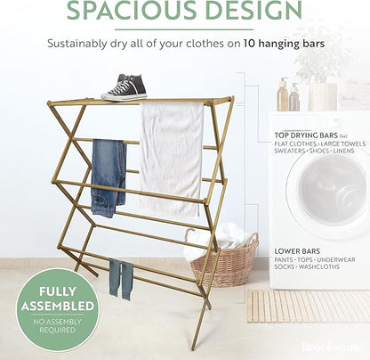 BROOKSTONE, Eco-Friendly Bamboo Drying Rack, Collapsible Laundry Clothes Hanger, 10 Hanging Bars, Minimalist Space Saving Design