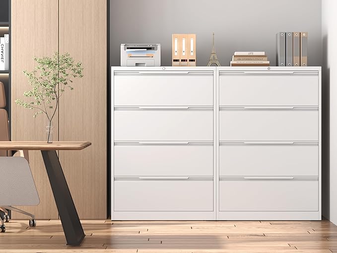 Lateral File Cabinet with Lock, 4 Drawer Lateral File Cabinets, Metal Filing Cabinets for Home Office, White Deep Drawer for Hanging Files Letter/Legal/A4/F4 Size, Printer Stand, Assembly Required
