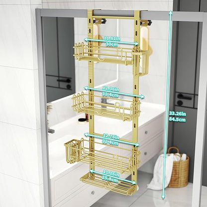 HapiRm Hanging Shower Caddy Organizer - Shower Shelf with 22 Hooks and 2 Toothbrush Holders, No Drilling Adjustable Hanging Bathroom Organizer - Gold