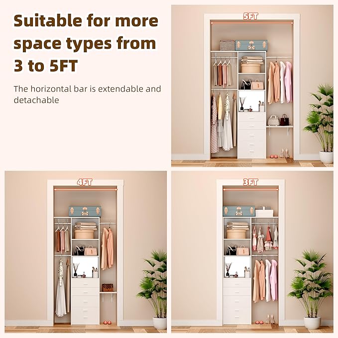 Closet System Set With Concealable Stool, Closet Organizer System With 4 Wood Drawers, Walk-In Closet Storage System, 5 Adjustable Cloth Garment Rack from 3 to 5FT, White