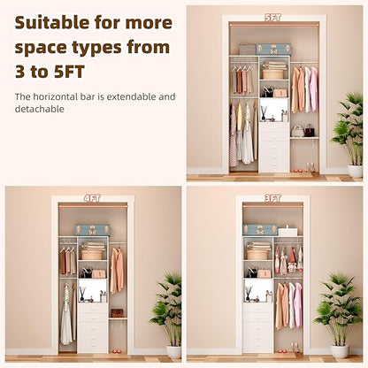 Closet System Set With Concealable Stool, Closet Organizer System With 4 Wood Drawers, Walk-In Closet Storage System, 5 Adjustable Cloth Garment Rack from 3 to 5FT, White