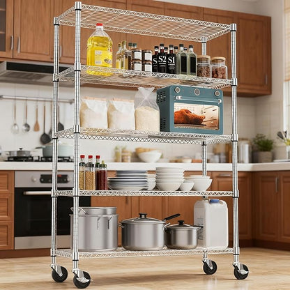 1750LBS 47.2" W 5 Tiers Storage Shelves Metal Shelving Unit with Wheels Heavy Duty Garage Shelving Adjustable Wire Shelves for Pantry,Kitchen,Garage,Basement,Chrome 17.7" D x 47.2" W x 76.8" H