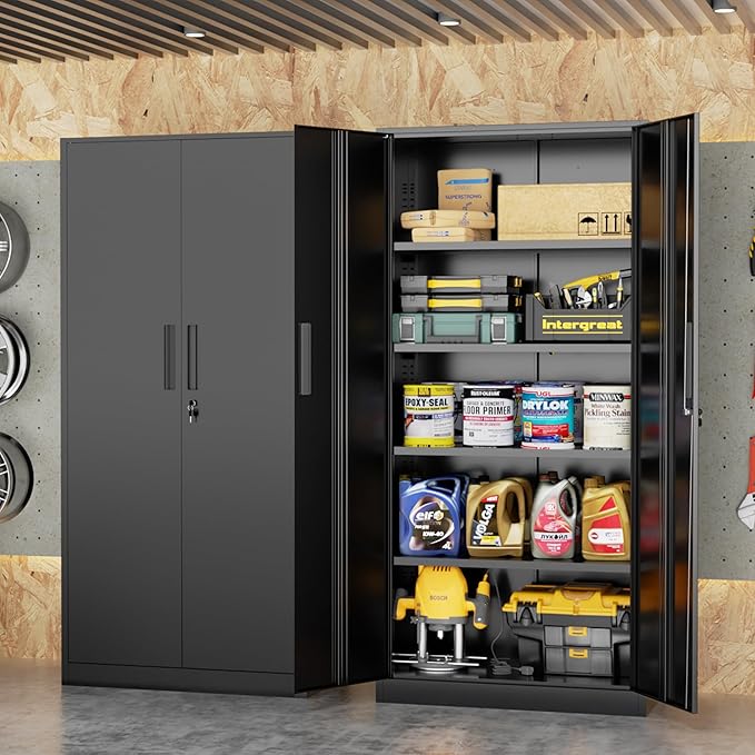Bonusall 72" Storage Cabinet,2 Locking Doors & 4 Adjustable Shelves,Tall Cabinets,Heavy Duty Steel Cabinet for Home, Office, Warehouse, School (Black)