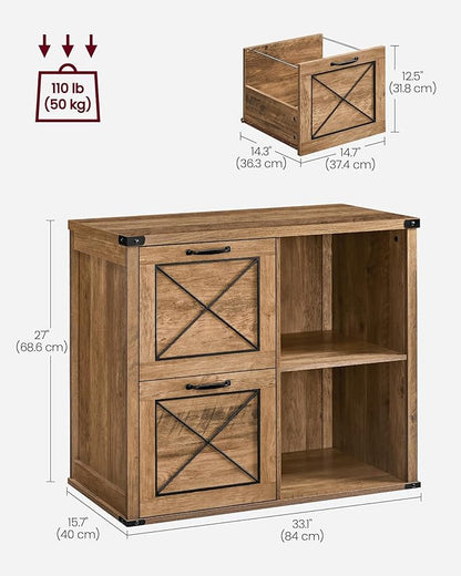 VASAGLE Lateral File Cabinet, Filing Cabinet with 2 Drawers, Printer Stand, 2 Open Compartments, Fit A4, Letter Size, Hanging File Folders, for Home Office, Farmhouse Style, Honey Brown UOFC049T41