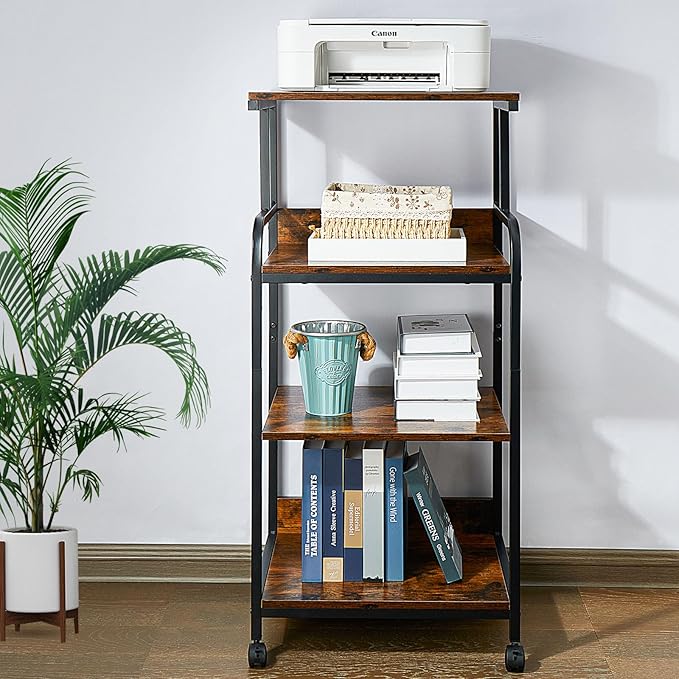 4 Tier Printer Stands, Multipurpose Office and Home Printer Desk with Wheels, Shelving for Printers, Fax Machines, Scanners, Vintage Brown
