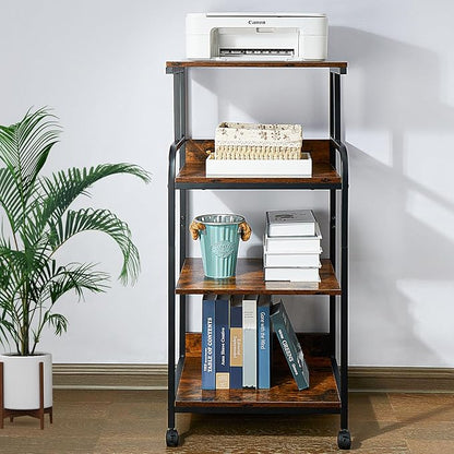 4 Tier Printer Stands, Multipurpose Office and Home Printer Desk with Wheels, Shelving for Printers, Fax Machines, Scanners, Vintage Brown