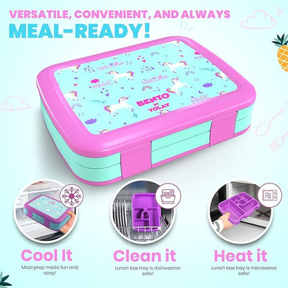 YOLAY Bento Box for Kids Lunch Box Leak-Proof, 5-Compartment Lunch Box Kids for Ages 3-10, Durable with Anti-Slip Base, Suitable for Schools, Outdoor and Travel (Mermaid) (Unicorn)