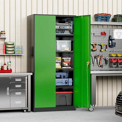 Greenvelly Metal Storage Cabinet with Doors and Shelves, 72" Inch Locking Metal Cabinet,Garage Storage Cabinet for Garage Office School Warehouse (Black Green)