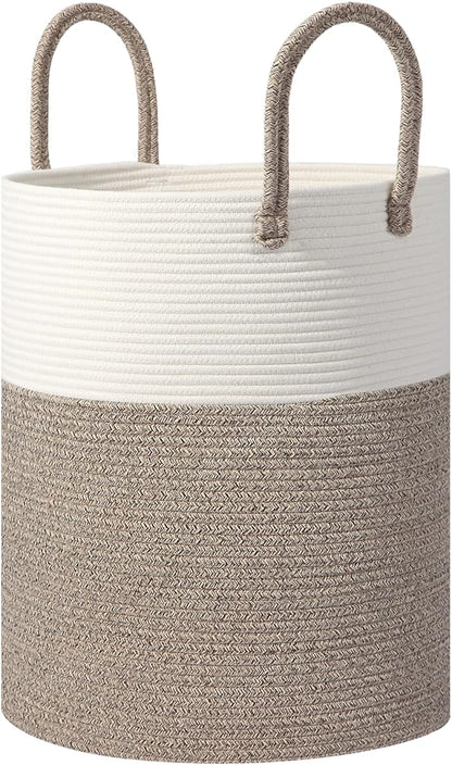 Large Woven Laundry Basket Hamper, 60L Cotton Rope Storage Basket for Blankets in Living Room, Decorative Tall Nursery Hamper for Clothes and Toys, White and Brown