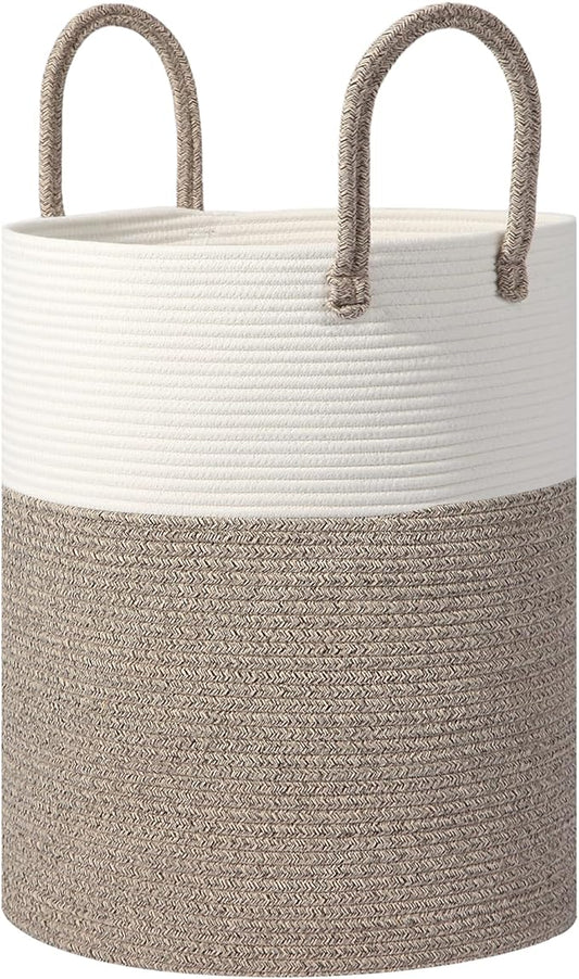 Large Woven Laundry Basket Hamper,100L Cotton Rope Storage Bin for Blankets,Toys and Clothes，Decorative Tall Blanket Basket for Living Room,Baby Nursery Hamper,Baby Storage Basket,Brown/White