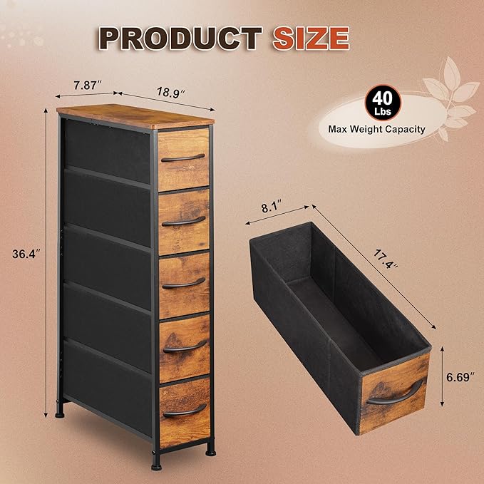 Narrow Dresser Storage Tower with 5 Drawers, Slim Dresser Chest of Drawers with Steel Frame, Wood Top, Dresser for Bedroom, Bathroom, Small Spaces, Laundry, Closet, Rustic Brown