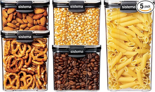 Sistema Ultra Square Airtight Pantry Storage Containers Assorted Capacity Food Storage Solution Stackable Locking Clips BPA-Free Clear with Black Accents 5 Count