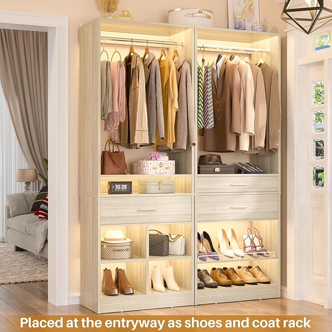 Unikito 50" W x 80'' H Closet Organizer Storage System with 2 Hanging Rod and 2 Wooden Drawers, Adjustable Shoes Rack, 4 Cubby Storage, Walk-in Closet Tower for Bedroom, Mudroom, Entryway, White Oak