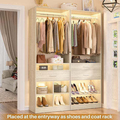 Unikito 50" W x 80'' H Closet Organizer Storage System with 2 Hanging Rod and 2 Wooden Drawers, Adjustable Shoes Rack, 4 Cubby Storage, Walk-in Closet Tower for Bedroom, Mudroom, Entryway, White Oak
