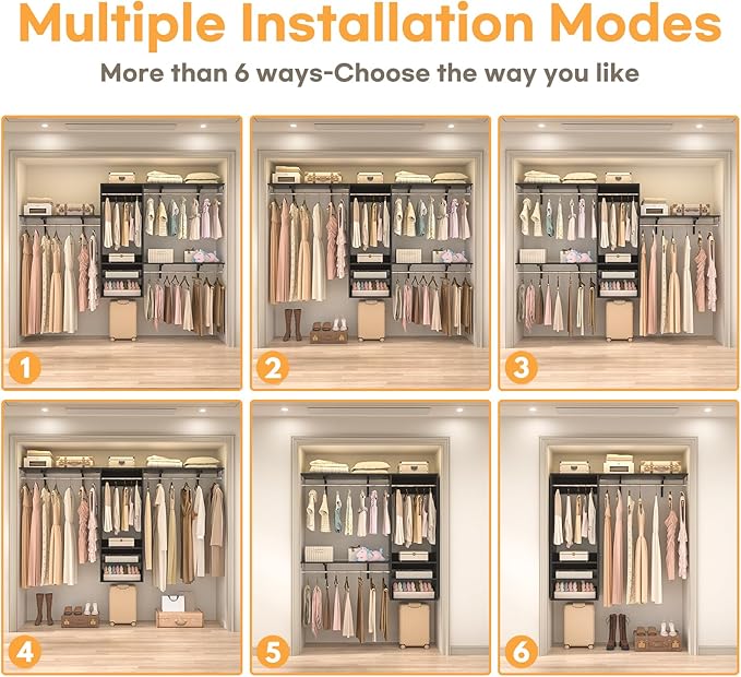 Cyclysio 96 Inch Closet System, 8 FT Hanging Closet Organizer System, Walk in Closet System with 4 Adjustable Rods and 3 Shelving Towers for 4-8FT Spaces(Cut-to-Fit), Black