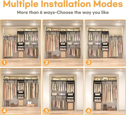 Cyclysio 96 Inch Closet System, 8 FT Hanging Closet Organizer System, Walk in Closet System with 4 Adjustable Rods and 3 Shelving Towers for 4-8FT Spaces(Cut-to-Fit), Black