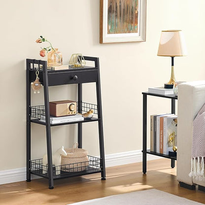 3-Tier Ladder Shelf with Drawer, Bathroom Table Stand for Small Space, Standing Bathroom Shelves with Storage for Living Room Kitchen Bedroom, Organizer Shelf, Black