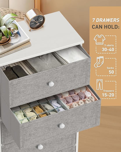Tall Fabric Dresser for Bedroom, Vertical Storage Organizer Tower with 7 Drawers, Chest of Drawers with Bins, Steel Frame, Wood Top for Bedroom, Closet, Entryway Light Grey