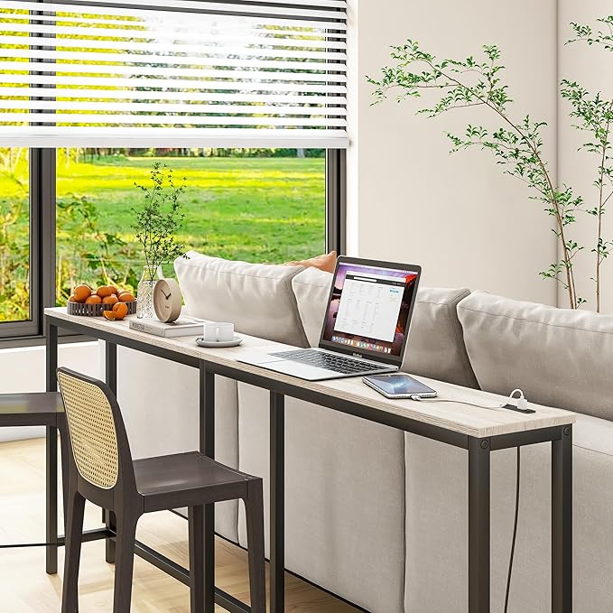 BOFENG 71.5 Inch Thin Console Table with Power Outlets,Narrow Sofa Table with Charging Station,Long Side Table Behind Sofa Couch Table for Entryway,Hallway,Living Room,Foyer,Natural Oak