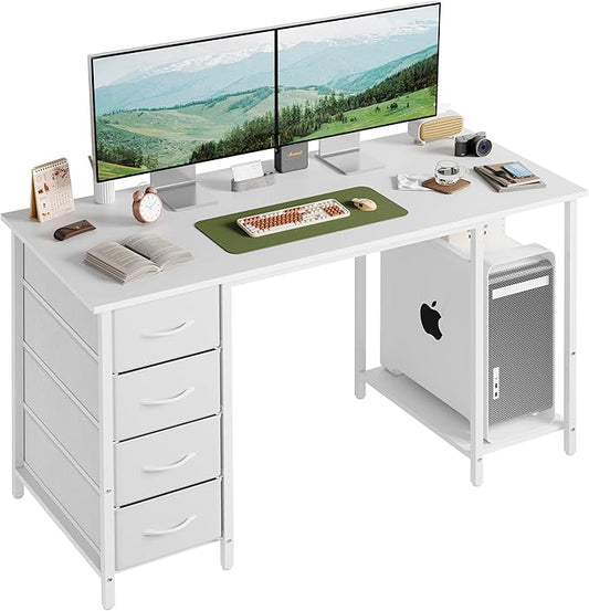 Grandder Computer Desk with 4 Drawers, 47 Inch Office Table with Storage, Gaming with CPU Shelves, Writing Desk Workstation for Home Office, Study, Bedroom, Work from Home, White