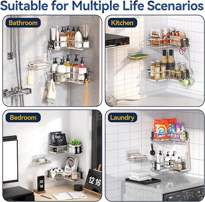 YASONIC Corner Shower Caddy Organizer, Self-Adhesive Rustproof Bath Shelves with Soap Holder & 4 Hooks, Large Capacity Shower Storage Rack for Bathroom Organization, (3Pack, Silver)