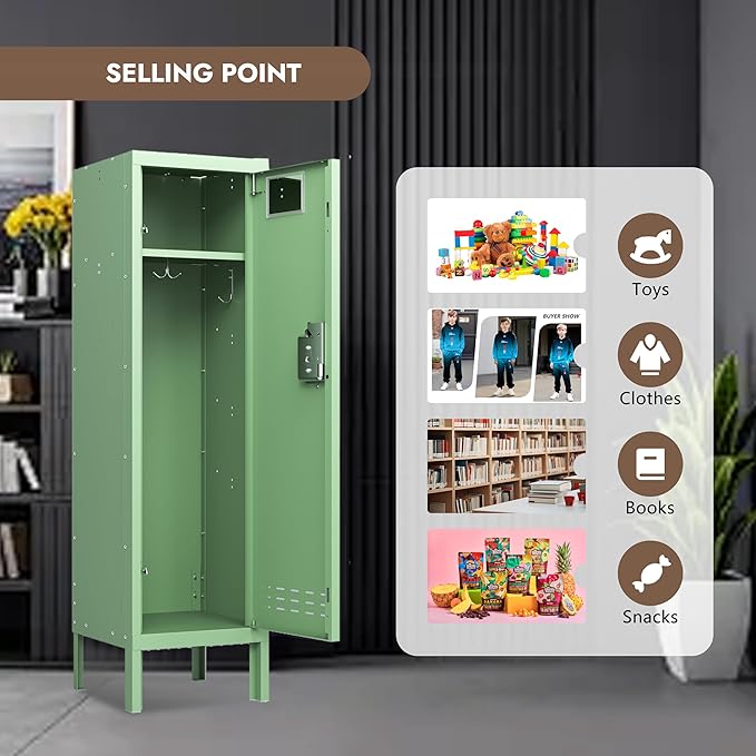 Metal Storage Locker with Lock & Card Slot Locker - Secure Lockable Door - Steel Locker for School, Office, Gym, Home - 54" H x 15" W x 15" D（1 Door, Mint）