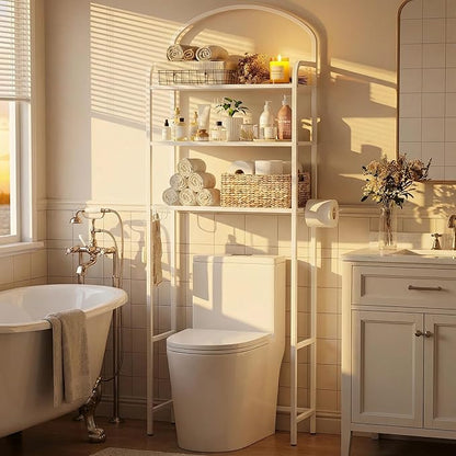 3-Tier Over The Toilet Storage, Bathroom Organizer, Space-Saving, Above Toilet Storage Rack with 4 Hooks and Paper Holder, Metal Shelf, White