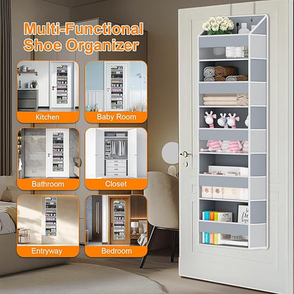 Over The Door Organizer - Over Door Storage Organizer with 5 Large Pockets & 10 Mesh Side Compartments - Heavy-Duty Hanging Storage for Bathroom, Bedroom & Closet - Baby Room Organize - Grey