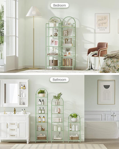 Bookcase Bookshelf, Tempered Glass Bookshelves, Slim Shelving Unit for Bedroom, Bathroom, Home Office, Steel Frame, 5 Tier Green BC05099C