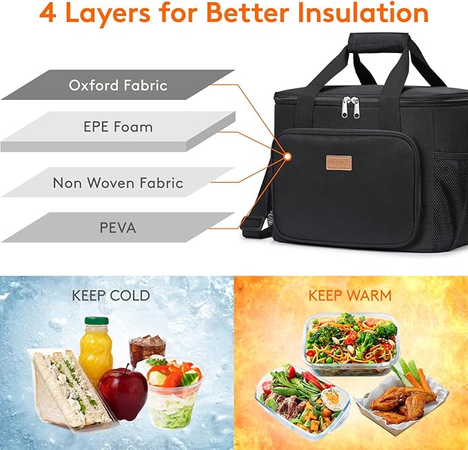 Lifewit Large Lunch Bag Insulated Lunch Box Soft Cooler Cooling Tote for Adult Men Women, Black 40-Can (24L)
