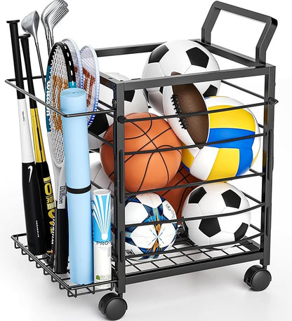Sports Equipment Garage Organizer,Garage Ball Storage Rack for Sports with Wheels-Upgraded Sports Organizer Rack Outdoor Basketball Racks for Balls with Holder and Hooks (Black)