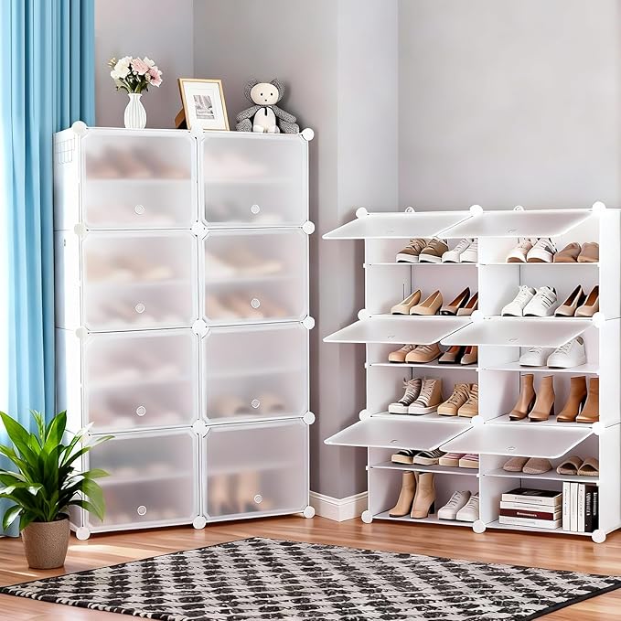 DUMOS Shoe Rack Organizer, 8-Tier Shoe Storage Cabinet with Door, Stackable Plastic Shoe Shelves Organize for Closet,Entryway,Hallway,Bedroom, 32 Pairs, White