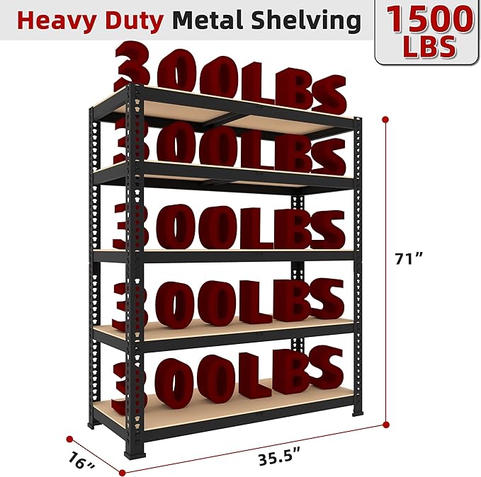4 Packs 35.5" W x 16" D x 71" H Adjustable Garage Storage Shelves - 5-Shelf Heavy Duty Shelving Unit, Metal Utility Storage Organizer Racks for Warehouse Pantry Closet Kitchen, Black