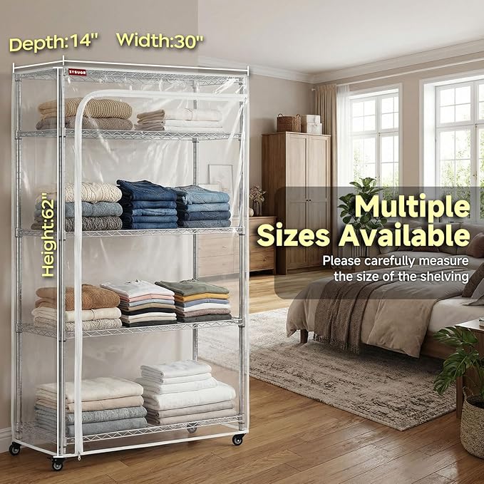 Clear PVC Wire Shelf Cover, 30" W x 14" D x 62" H, 3-Way Opening with Two-Way Zippers, Waterproof See-Through Rack Cover for Pantry & Bathroom, Laundry Room, Kitchen & Garage