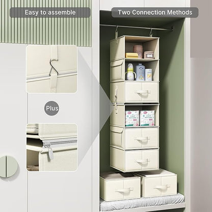 Vailando 6-Shelf Hanging Closet Organizer with 3 Drawers, 2 Separable 3-Shelf Closet Organizers and Storage for Wardrobe Organization, Hanging Dresser for Nursury & Dorm Clothes Organizer, Beige
