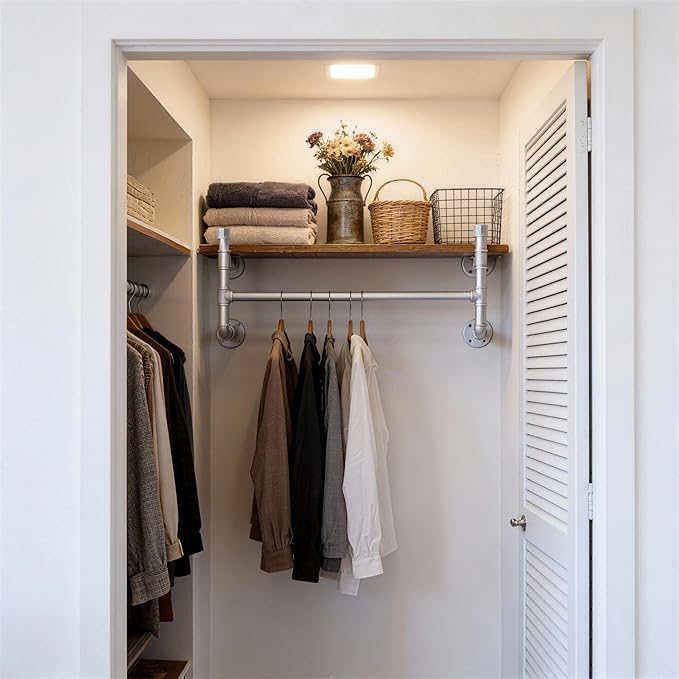 WEBI Wall Mounted Clothes Rack with Shelf,30" Industrial Pipe Clothing Rack with Shelf with Hanging Rod,Heavy Duty Iron Garment Rack Bar,Retail Display Clothes Rod for Laundry Room,Closet,Silver