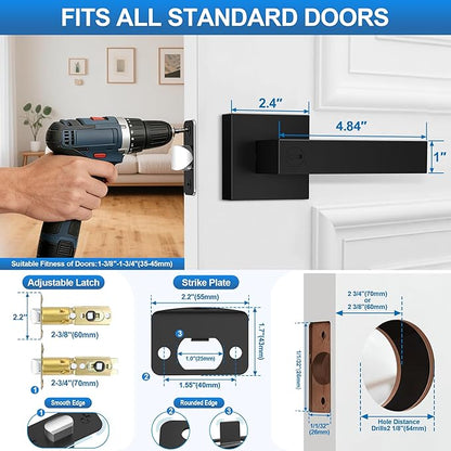 4 Pack Matte Black Door Handles, Keyless Interior Door Knobs, Privacy Door Lever Locksets for Bedroom Bathroom, Heavy Duty Square Door Lock, Reversible for Left&Right Handled Doors